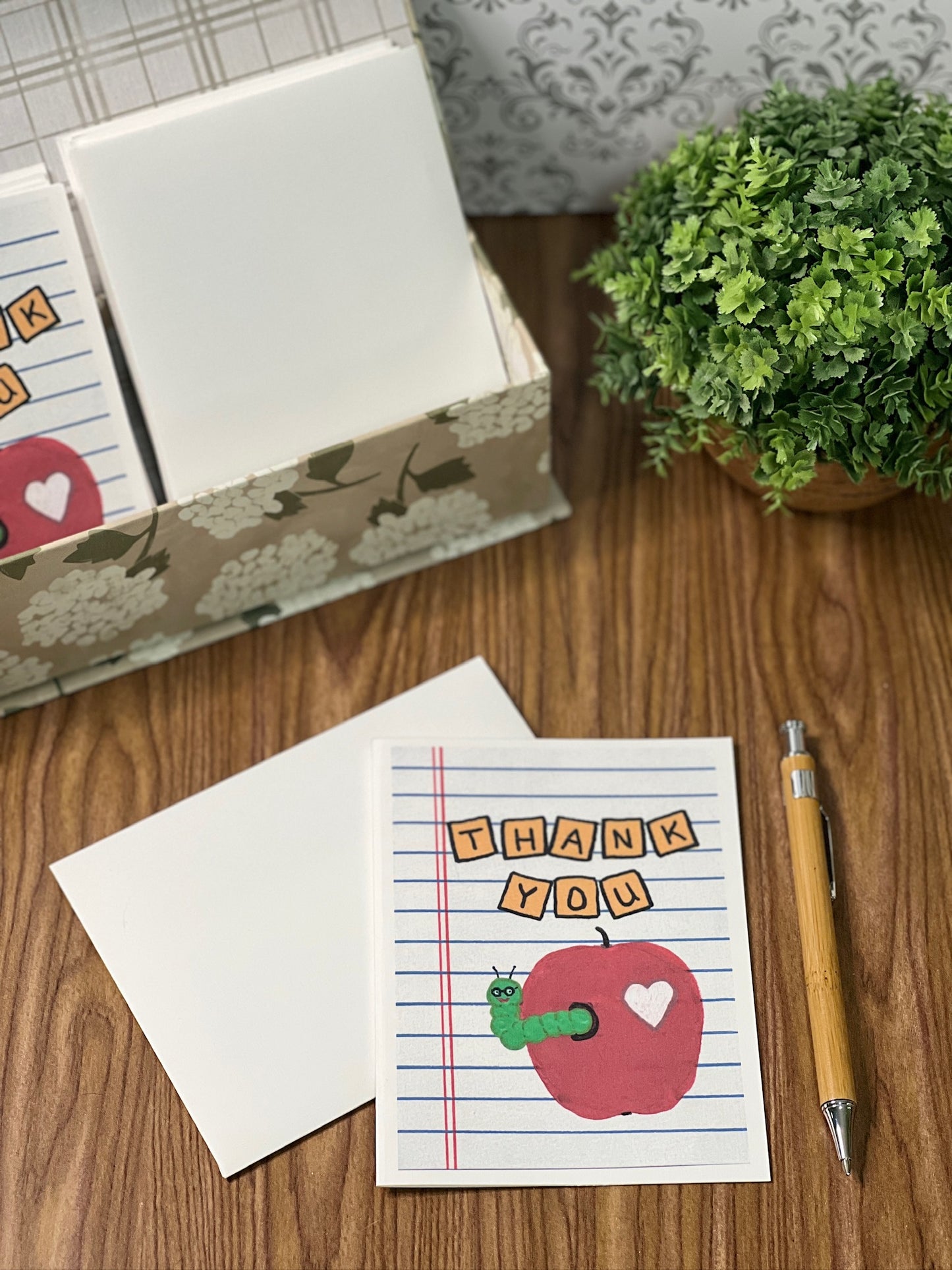 Teacher Thank You Card | Apple & Worm | Hand-Painted Appreciation Art