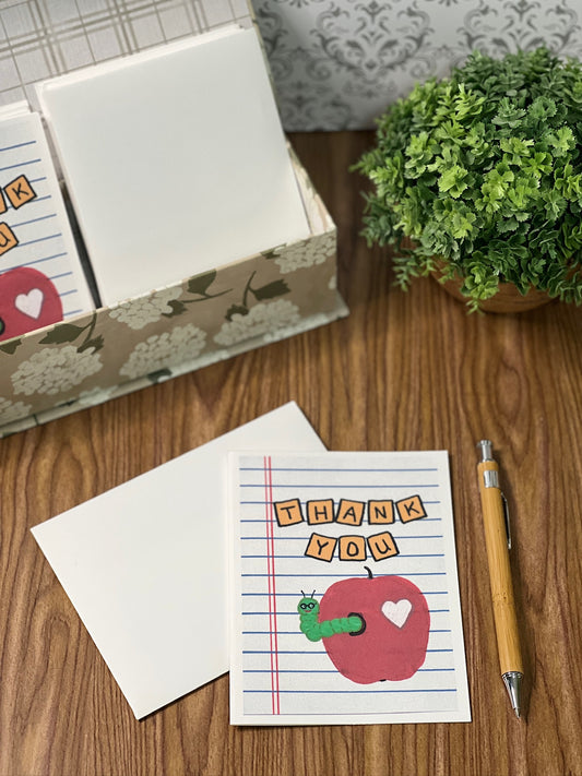 Teacher Thank You Card | Apple & Worm | Hand-Painted Appreciation Art