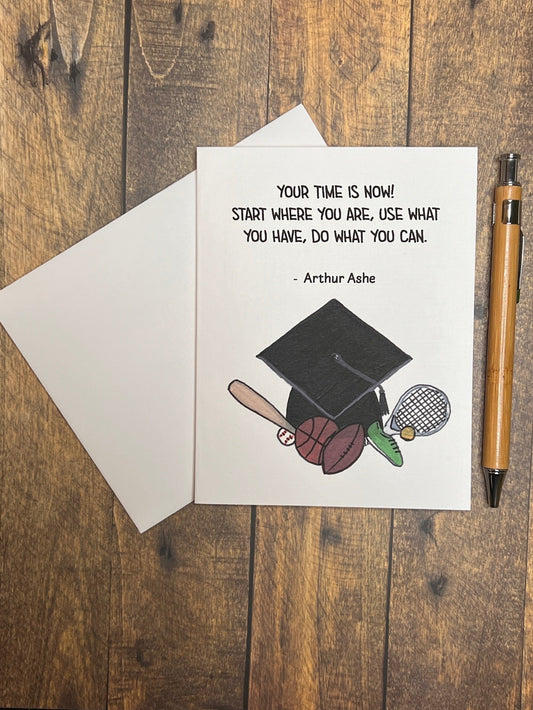 Athlete Graduation Card – Arthur Ashe Quote with Sports Theme, Motivational Grad Card, Individual or Box Set of 8 with Envelopes