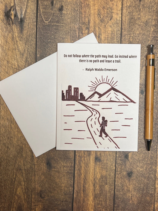 Inspirational Trailblazer Quote Card – Ralph Waldo Emerson Mountain Path Art, Graduation or Retirement Card, Single or Box Set of 8 with Envelopes