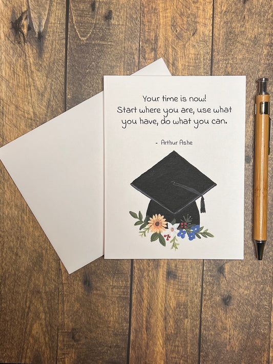 Floral Graduation Card – Arthur Ashe Quote with Graduation Cap & Flowers, Inspirational Grad Card, Individual or Box Set of 8