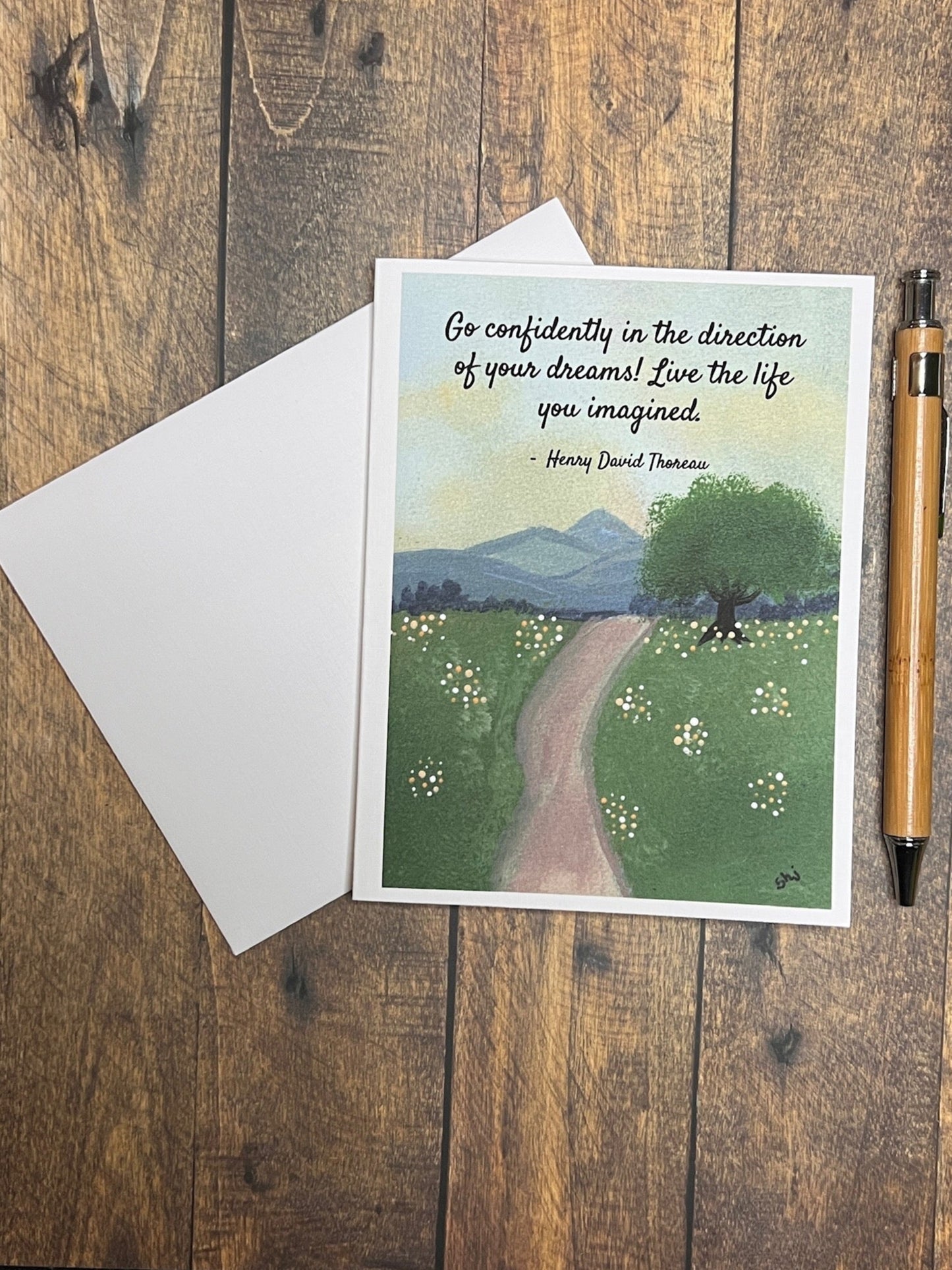 Dream Big Graduation Card – Thoreau Quote with Peaceful Meadow Path Art, Inspirational Card, Individual or Boxed Set of 8 with Envelopes
