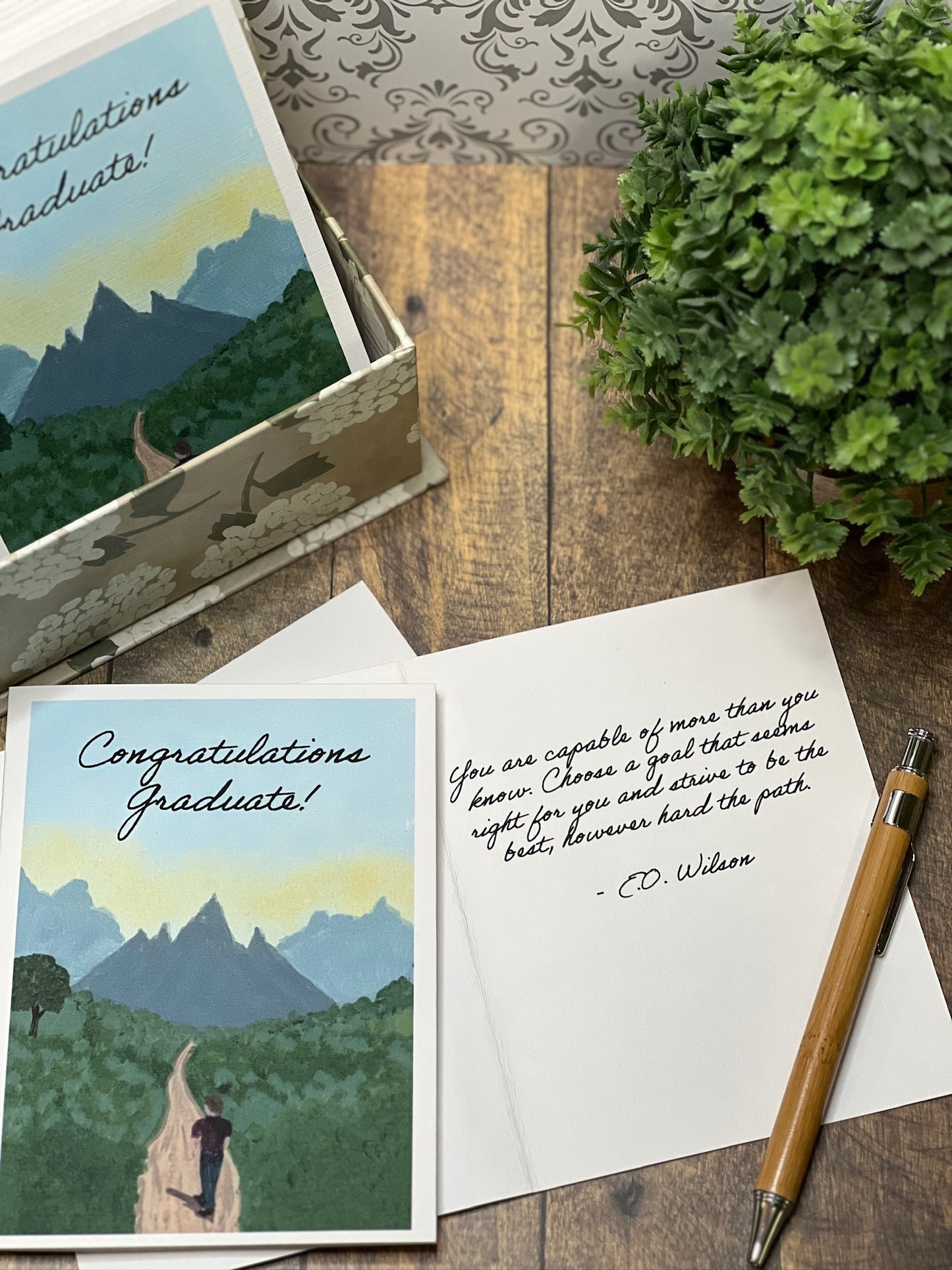 Congratulations Graduate Card – Inspirational E.O. Wilson Quote, Mountain Path Art, Individual or Boxed Set of 8 with Envelopes