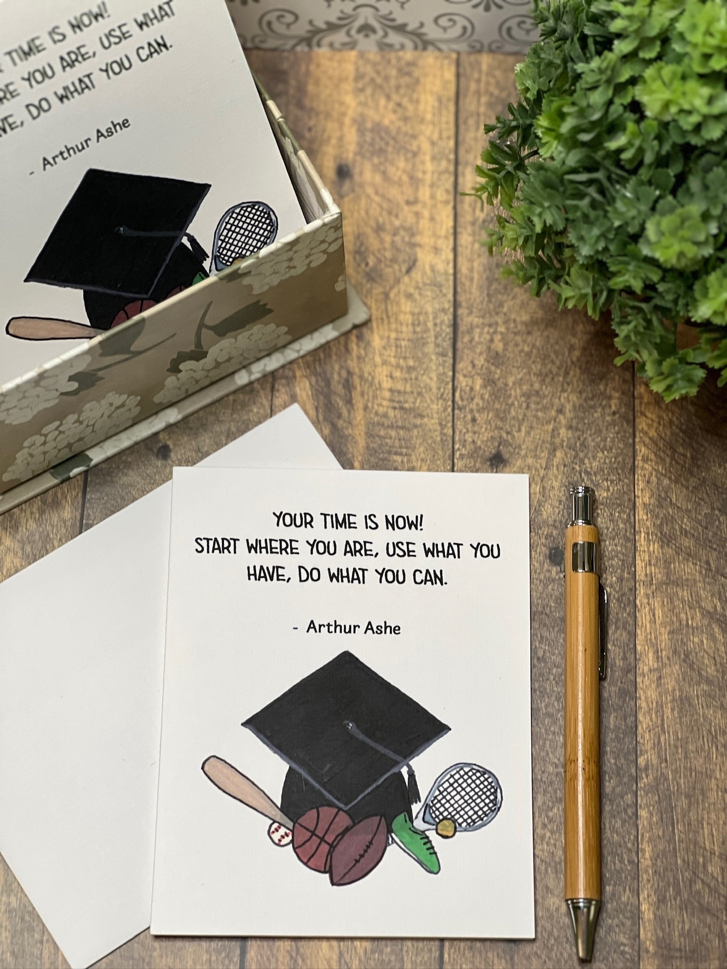 Athlete Graduation Card – Arthur Ashe Quote with Sports Theme, Motivational Grad Card, Individual or Box Set of 8 with Envelopes