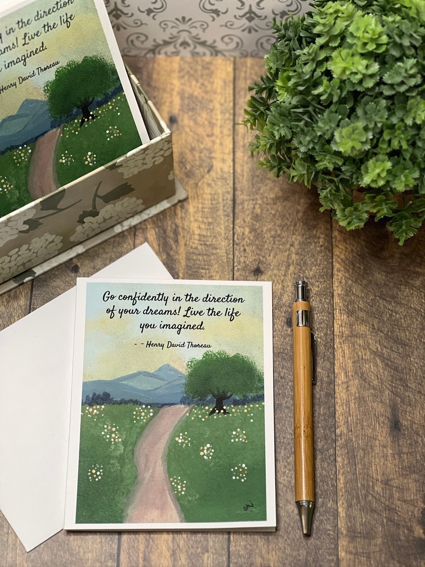 Dream Big Graduation Card – Thoreau Quote with Peaceful Meadow Path Art, Inspirational Card, Individual or Boxed Set of 8 with Envelopes