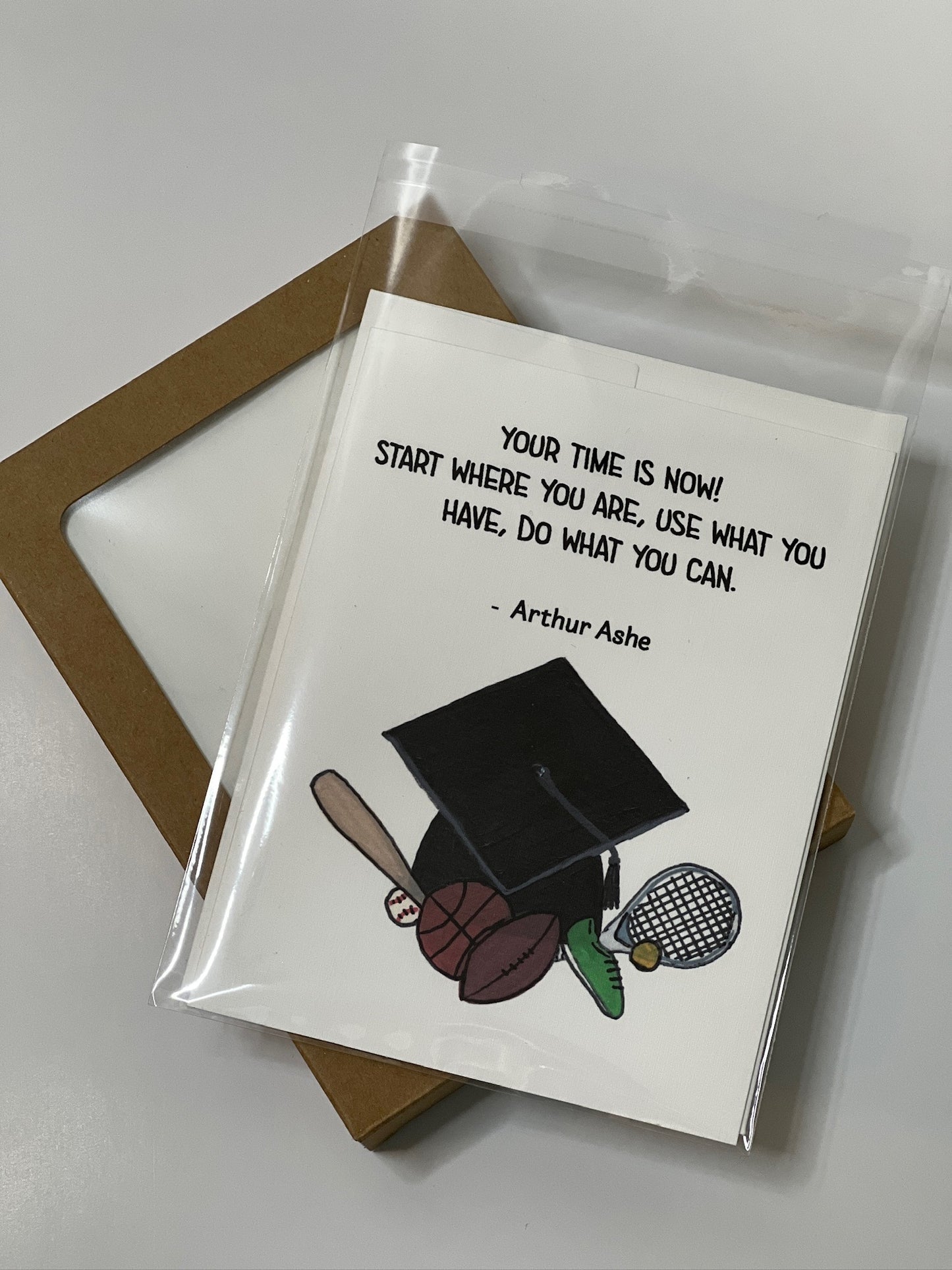 Athlete Graduation Card – Arthur Ashe Quote with Sports Theme, Motivational Grad Card, Individual or Box Set of 8 with Envelopes