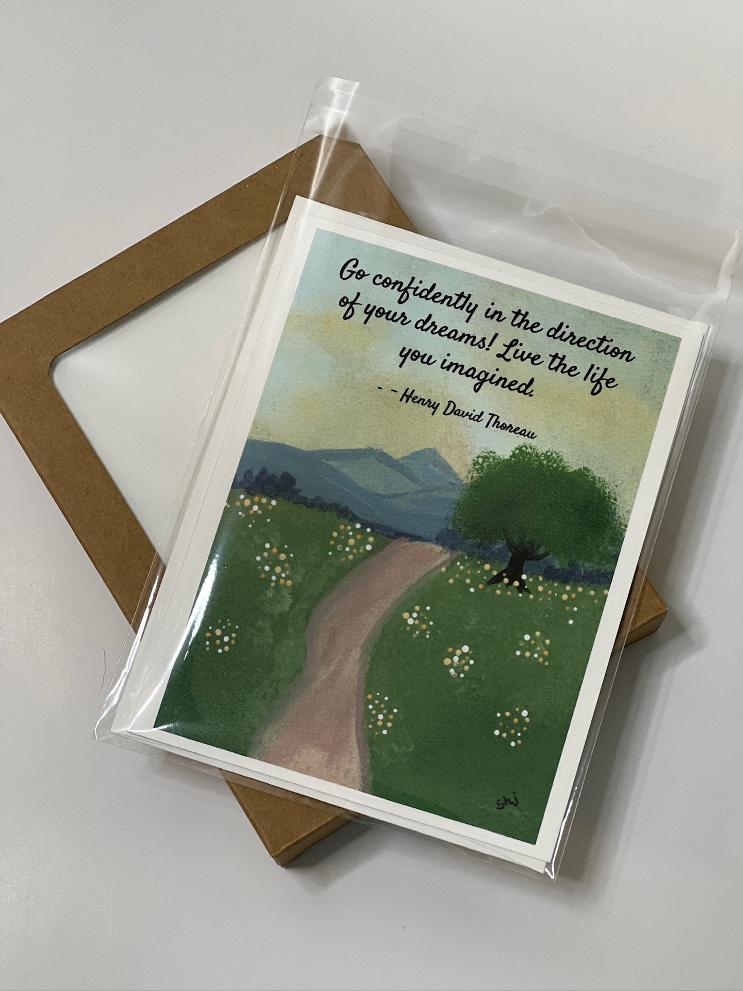Dream Big Graduation Card – Thoreau Quote with Peaceful Meadow Path Art, Inspirational Card, Individual or Boxed Set of 8 with Envelopes