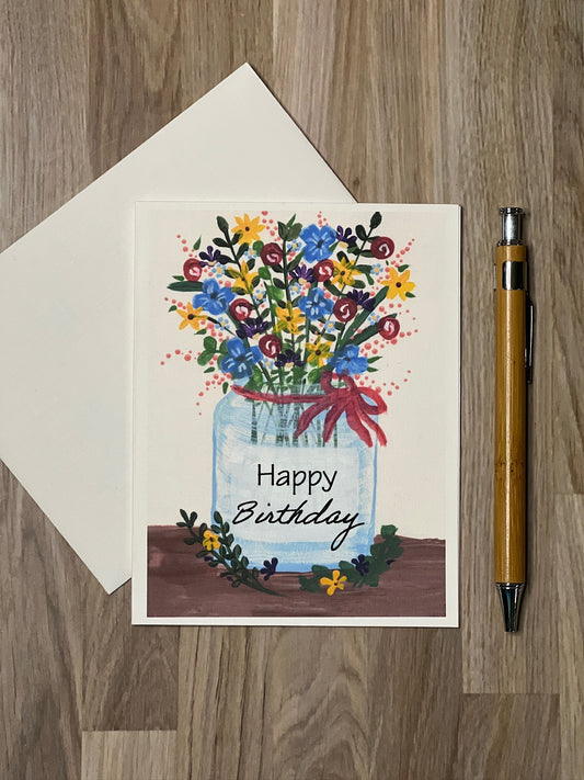 Happy Birthday Bouquet Notecard – Hand-Painted Mason Jar Flowers
