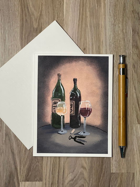 Wine Notecard – Red and White Wine Glasses with Corkscrew