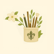 Decorative pot with flowers and sticks on a beige background
