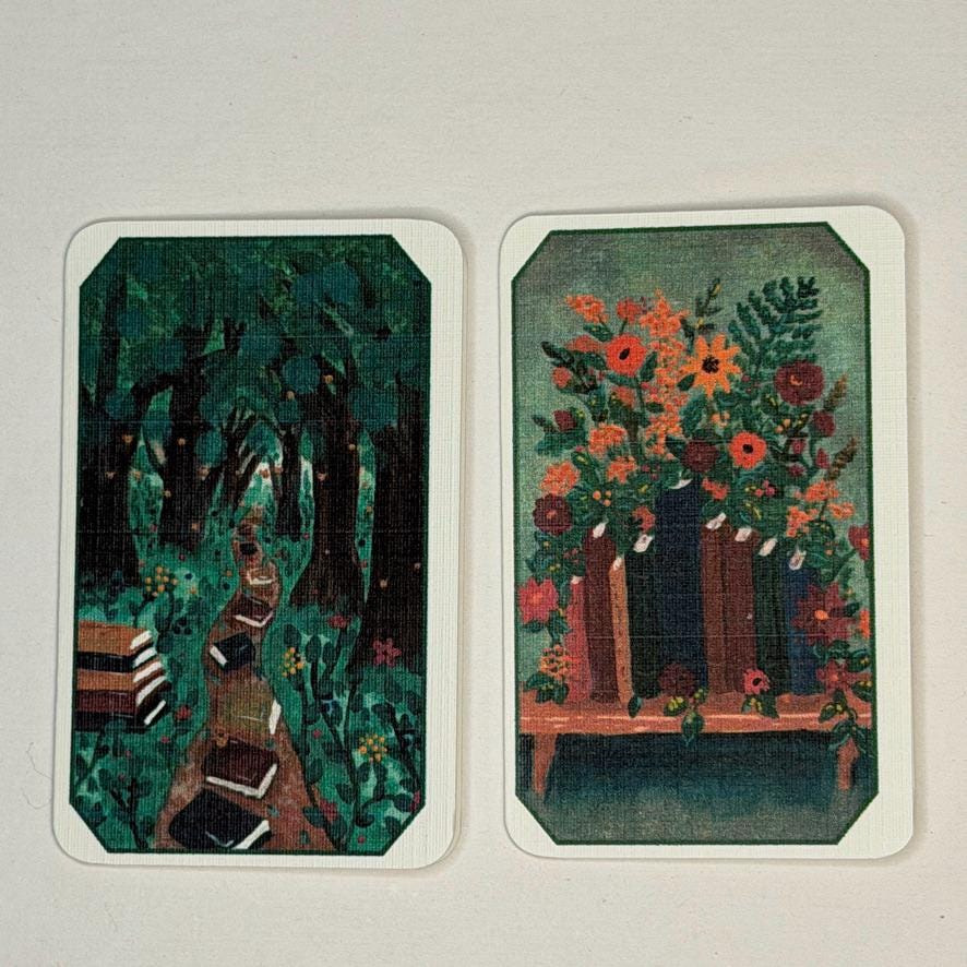 Two illustrated cards with white borders displayed side by side on a light background. The left card shows a dark forest scene with a bench and books, and the right card shows a flower arrangement in vases on a bench.