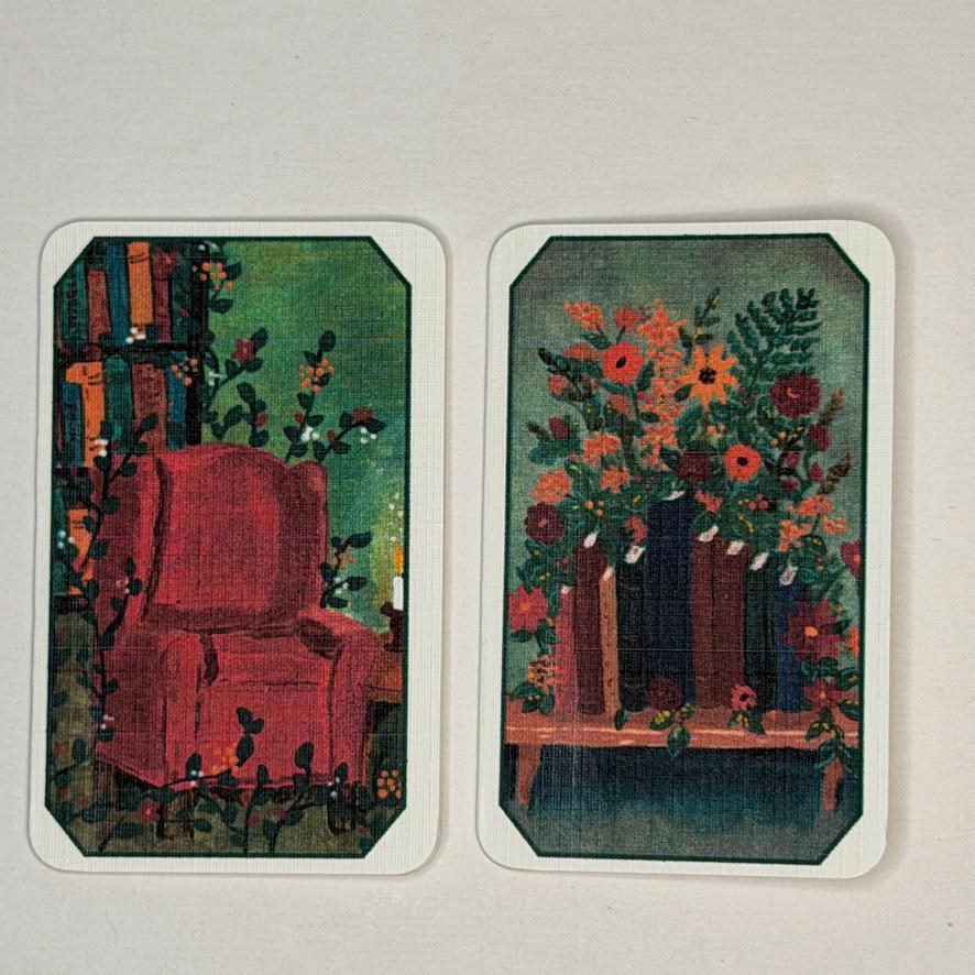 Two illustrated cards with rounded corners displayed side by side on a light gray background. The left card shows a red armchair in a garden scene, and the right card shows a bouquet of orange, red, and yellow flowers in dark vases.