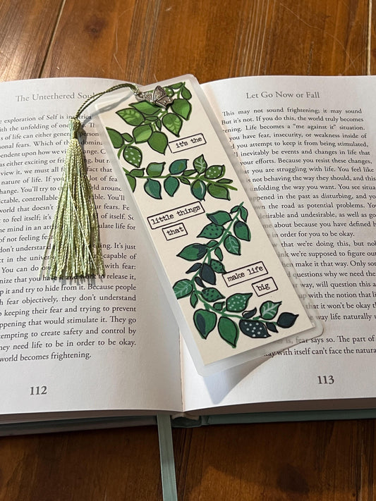 Botanical Bookmark: Leaves on Vine, Inspirational Quote, Silver Charm