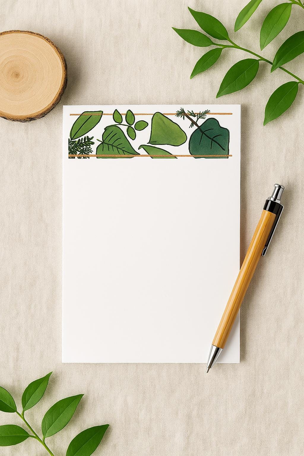 Green Leaves Notepad: Botanical Stationery with Hand-Painted Design