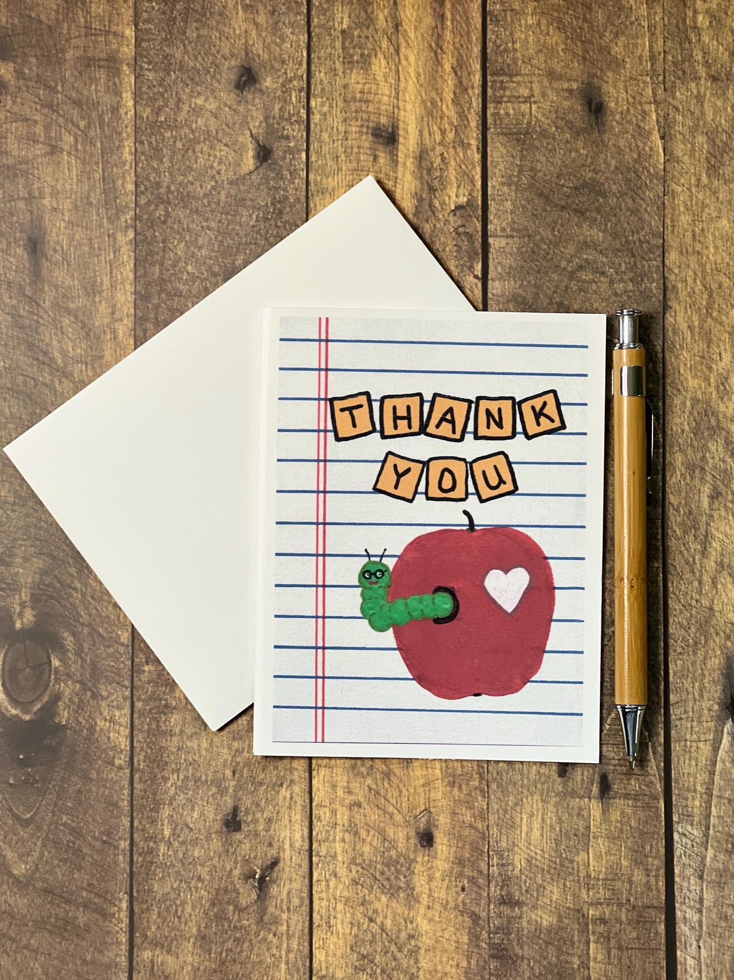 Apple & Worm Teacher Thank You Card | Custom Message Option
