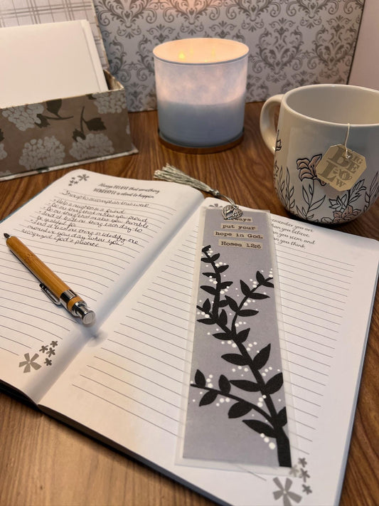 Hand-Painted Scripture Bookmark – Hosea 12:6, Angel Wing Charm