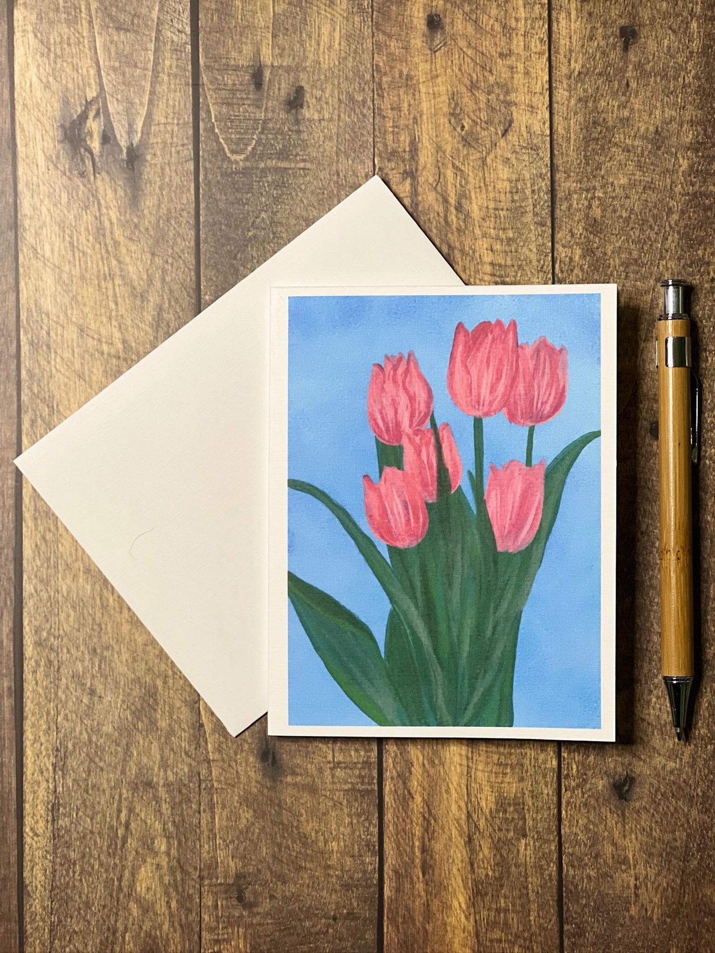 Hand-Painted Tulip Card: Spring Floral Notecard, Custom Message