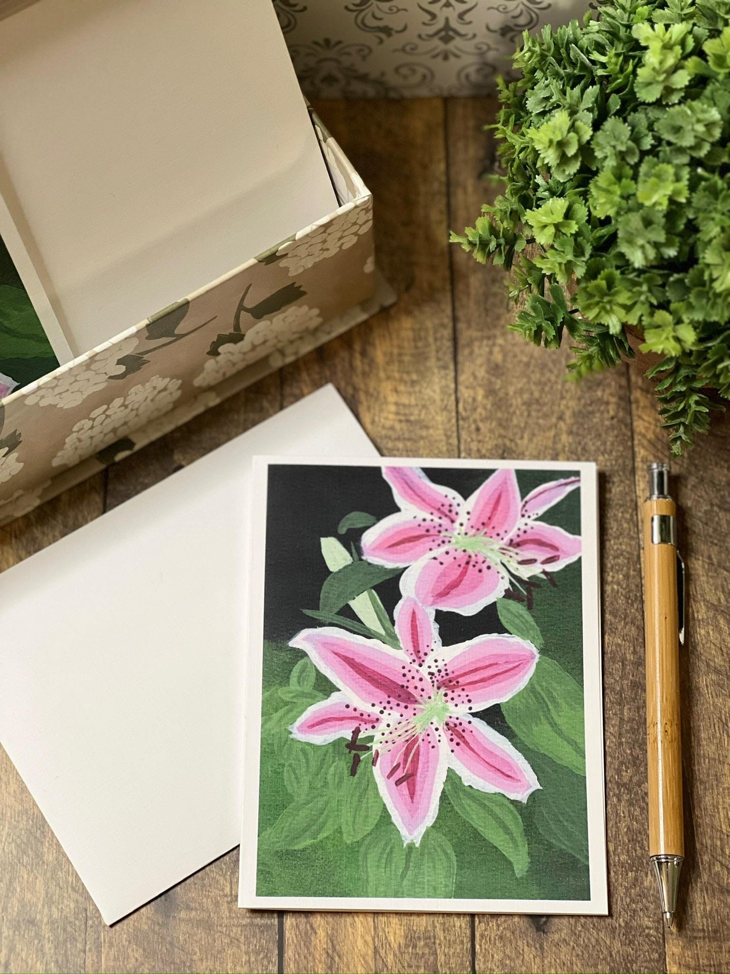 Hand-Painted Pink Lily Greeting Card: Floral Art, Custom Message