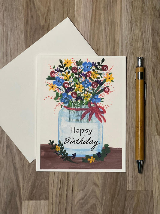 Hand-Painted Floral Birthday Card: Mason Jar Bouquet, Custom Message