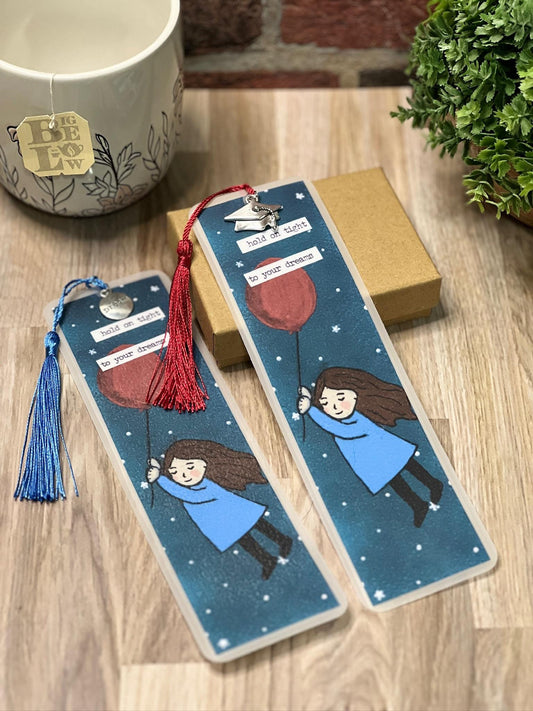 Inspirational Bookmark: Hand-Painted Girl with Balloon, Silver Charm, Tassel