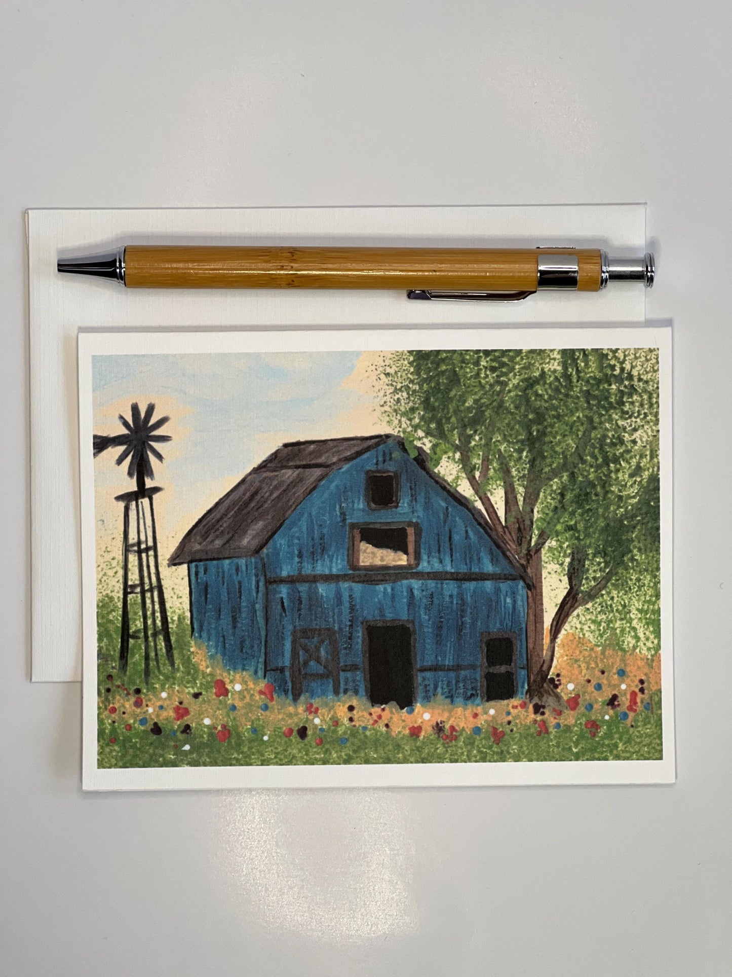 Blue Barn Notecard: Rustic Farmhouse Art, Country Greeting Card
