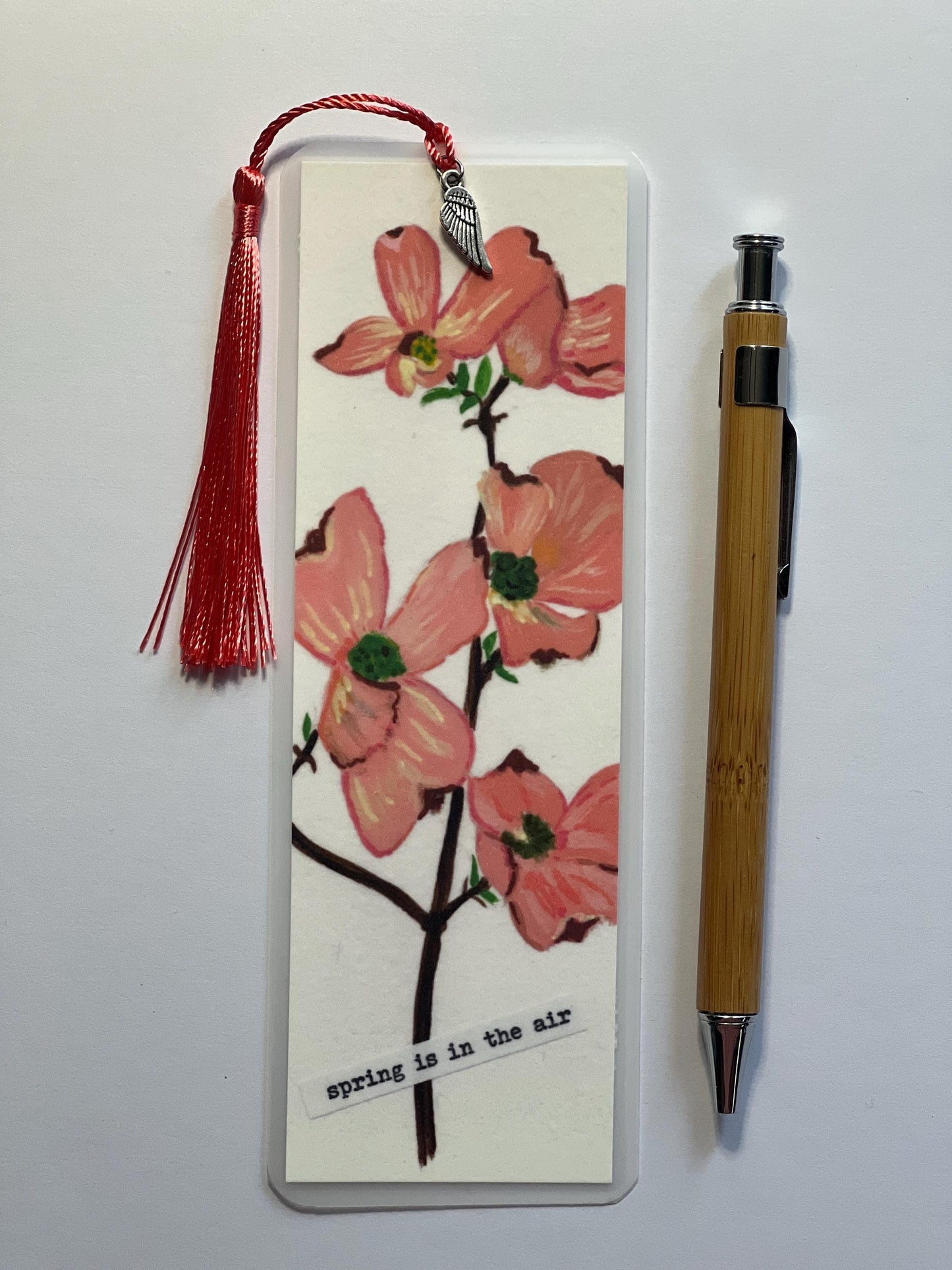 Dogwood Floral Bookmark: Botanical Art, Silver Charm Tassel