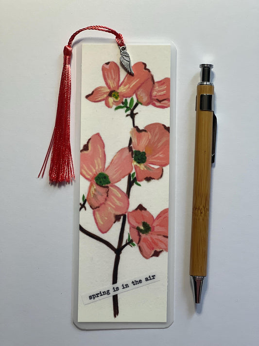 Dogwood Floral Bookmark: Botanical Art, Silver Charm Tassel