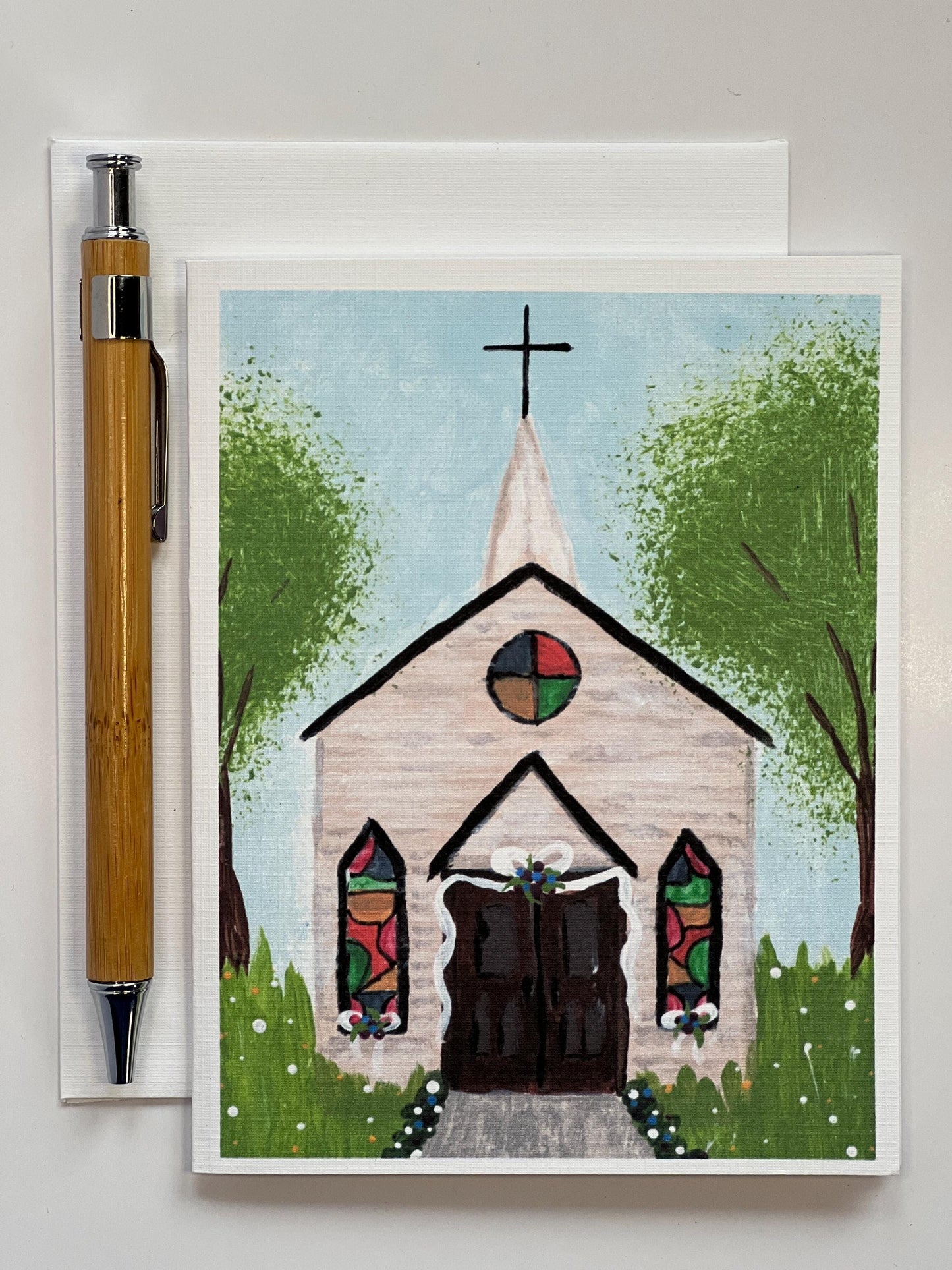 Faith-Based Wedding Card | Hand-Painted Church Illustration | Linen Cardstock with Custom Blessing Option