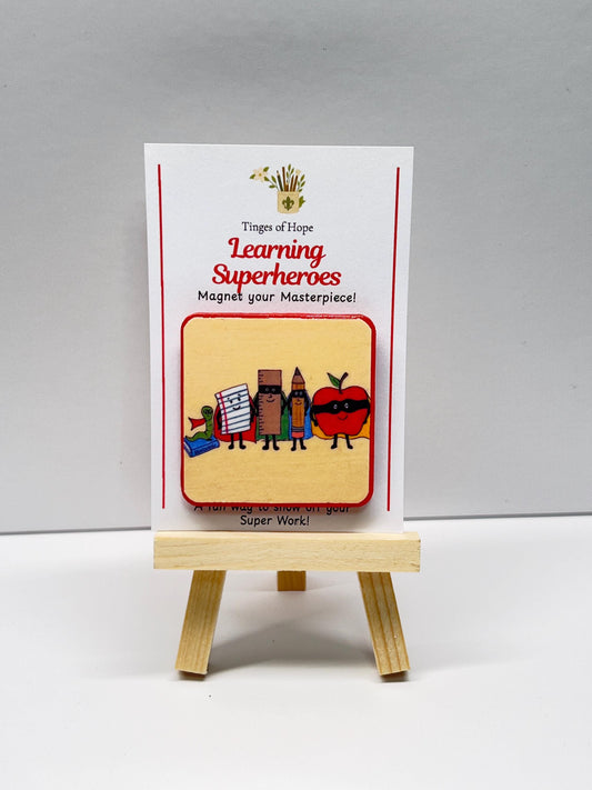 Learning Superheroes Magnet – Teacher Gift | 2x2 Wood Classroom Magnet