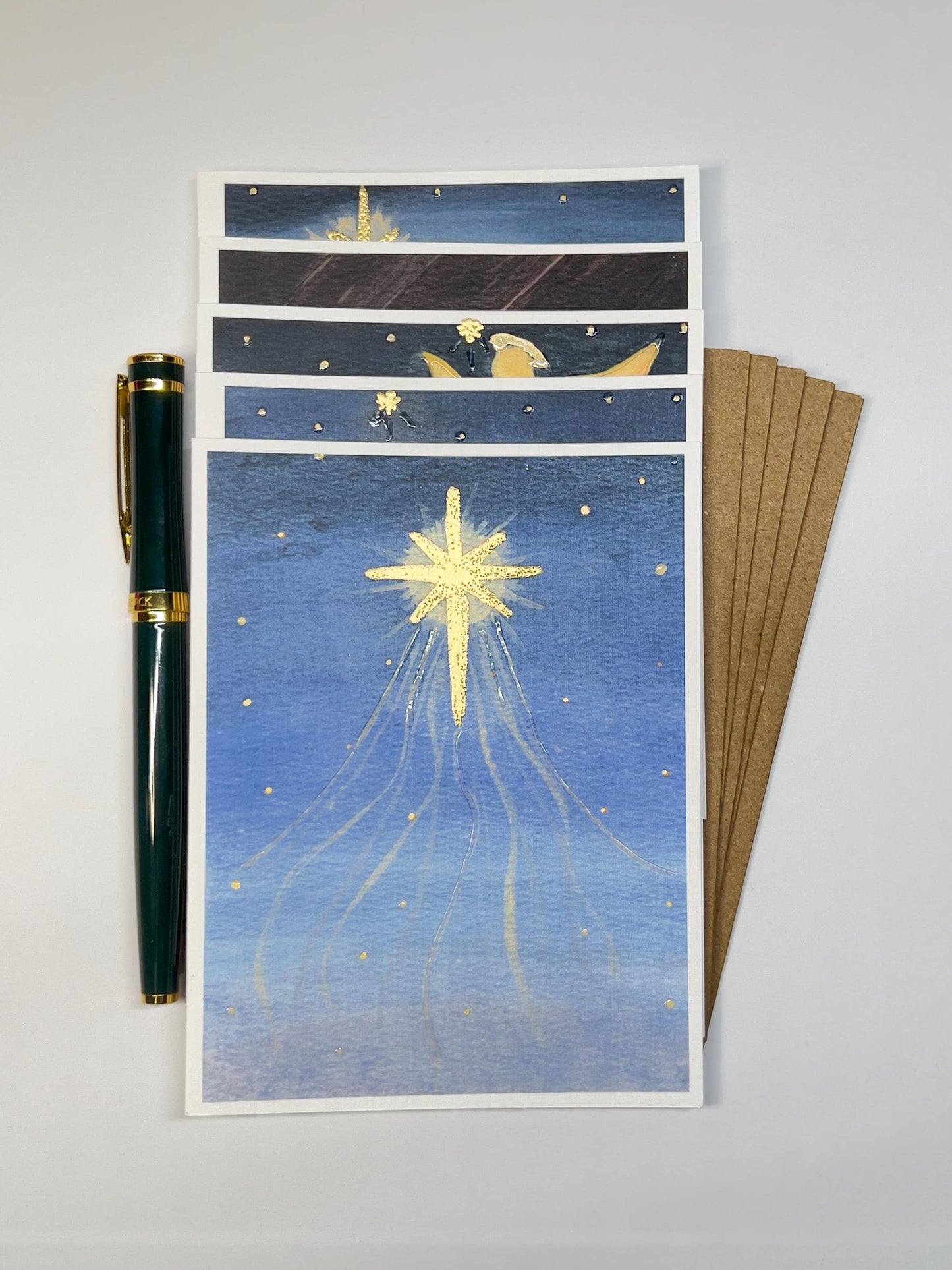 Nativity Story Christmas Cards | 5 Hand-Embellished A2 Cards | Kraft Envelopes | Holy Family Art