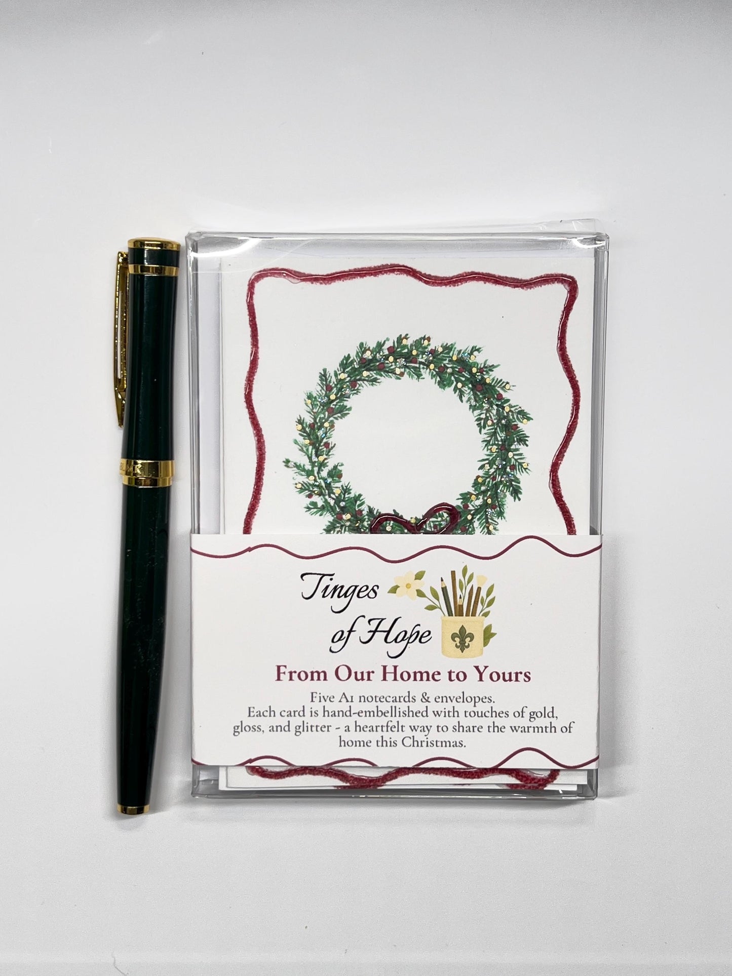 Hand-Embellished Christmas Cards | Glitter Wreath, A1 Notecard Set