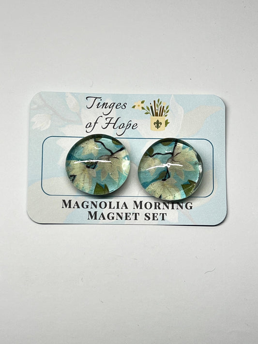 Magnolia Morning Magnet Set – Round Glass Floral Art for Fridge & Office