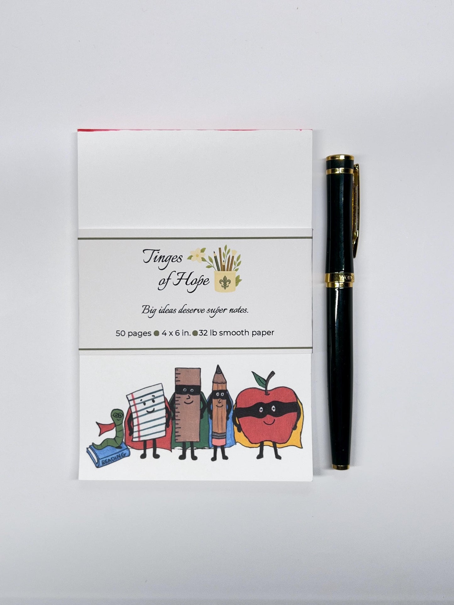 Learning Superheroes Notepad | 4x6 Teacher Stationery Pad with Bamboo Pen | Classroom Gift