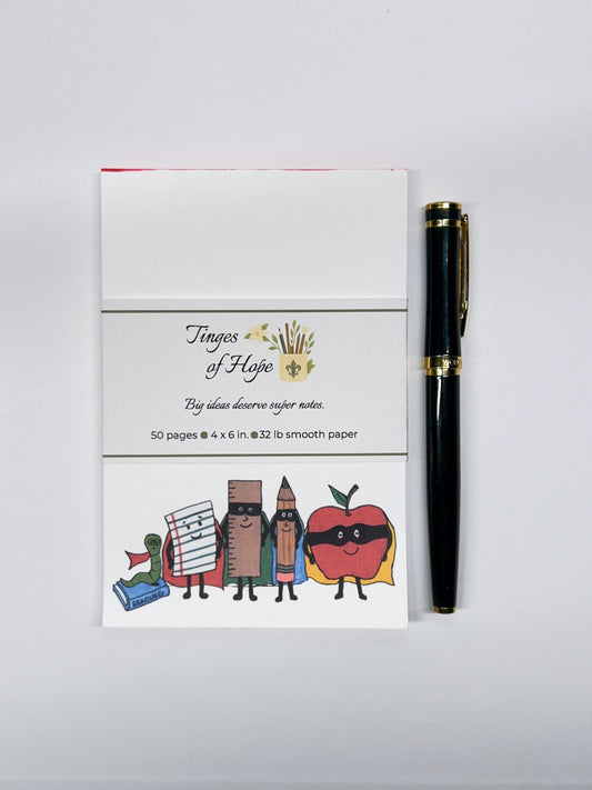 Learning Superheroes Notepad | 4x6 Teacher Stationery Pad with Bamboo Pen | Classroom Gift