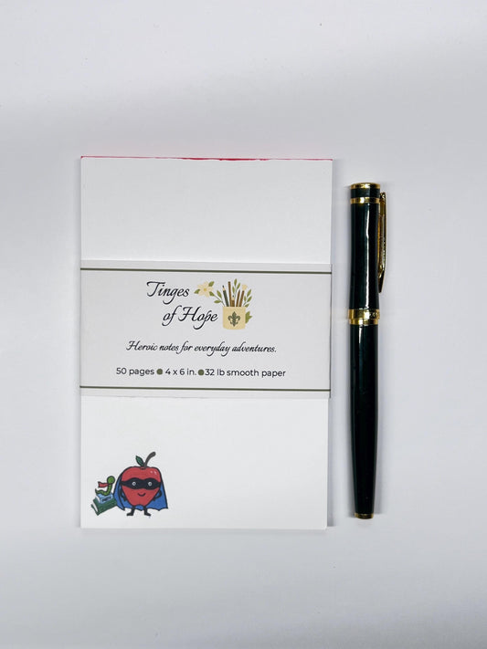 Apple and Bookworm Notepad • 4x6 Teacher & Book Lover Stationery | Classroom Gift with Pen