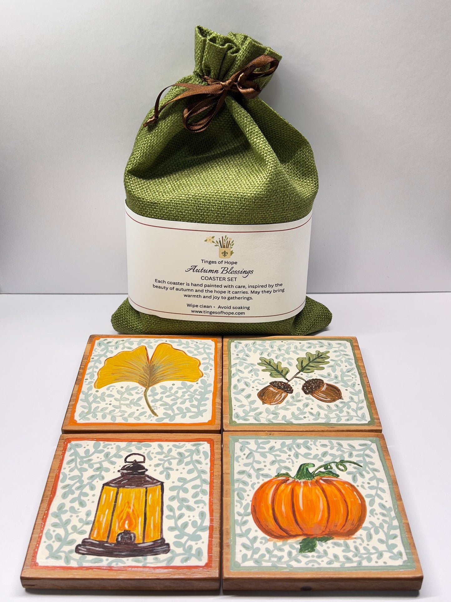 Autumn Blessings Hand-Painted Wood Coaster Set | Limited Edition Decor | Artisan Coasters (Set of 4)