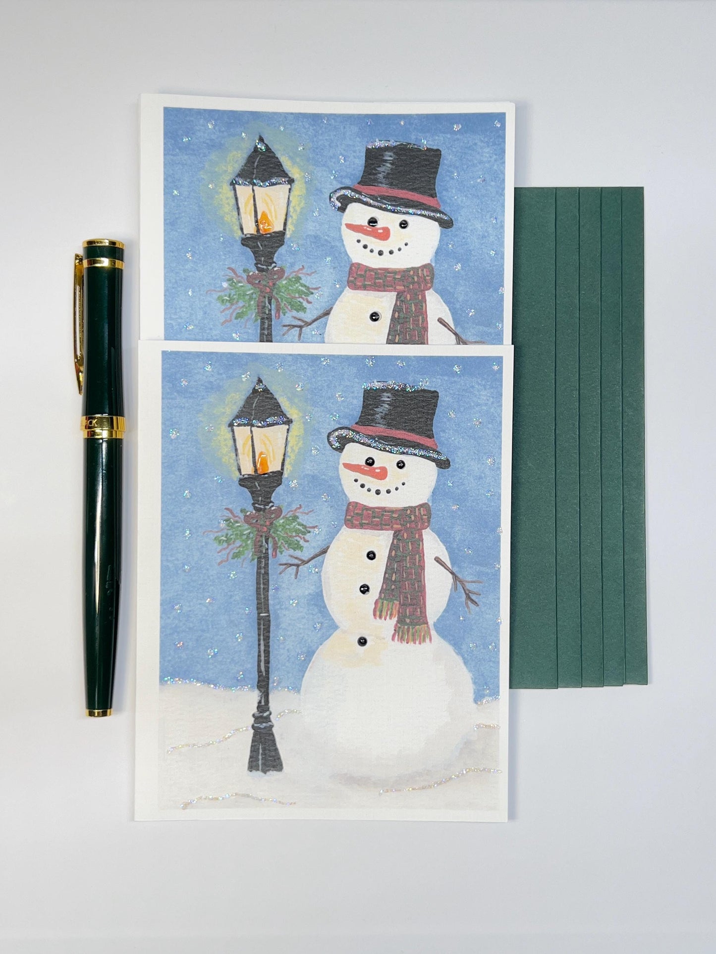 Glitter Snowman Christmas Cards | Hand Embellished, Green Envelopes (Set of 5)