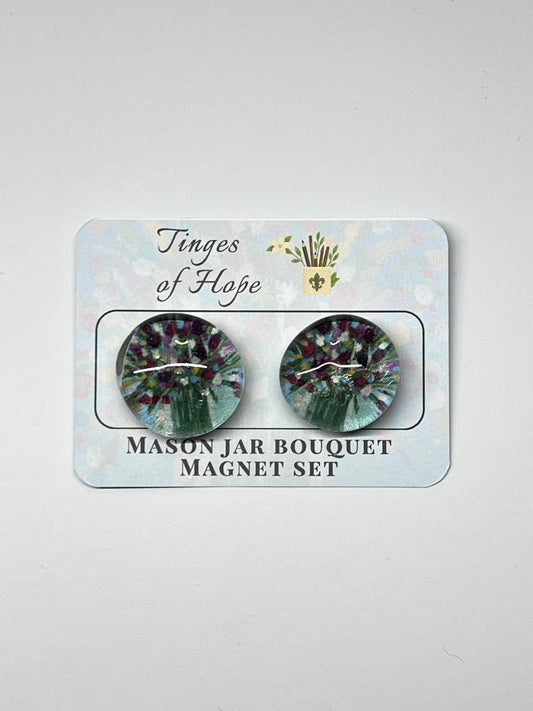 Mason Jar Bouquet Magnet Set – Round Glass Floral Art for Fridge & Office