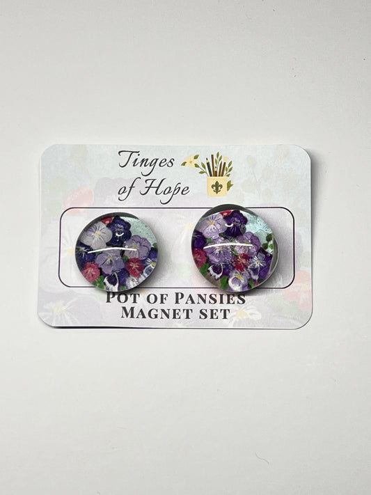 Pot of Pansies Magnet Set – Round Glass Floral Art for Fridge & Office